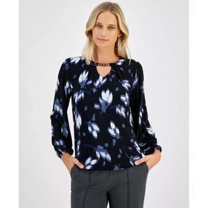 Anne Klein Women's Top Sz XS Printed Keyhole Medium Grey Heather